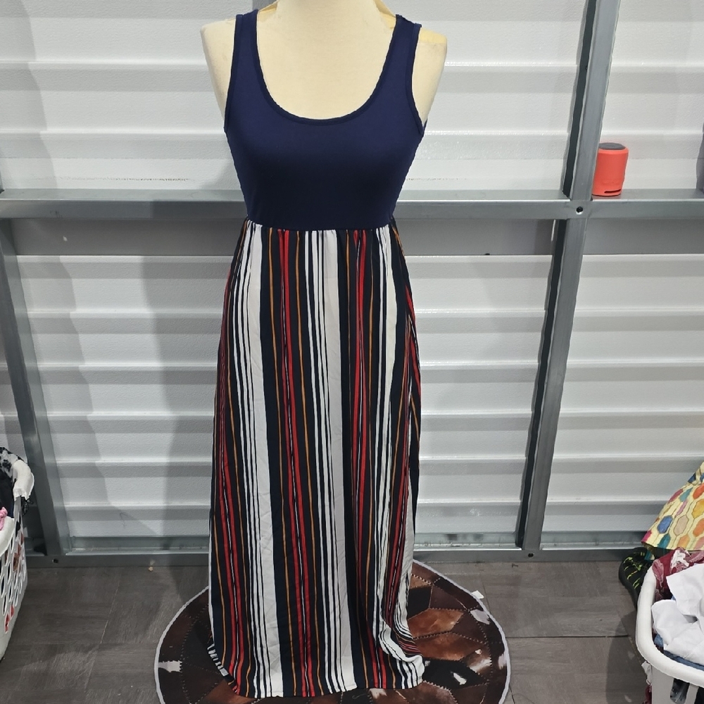 Blue and White Scoop Neck Maxi Sundress‎ Size Medium